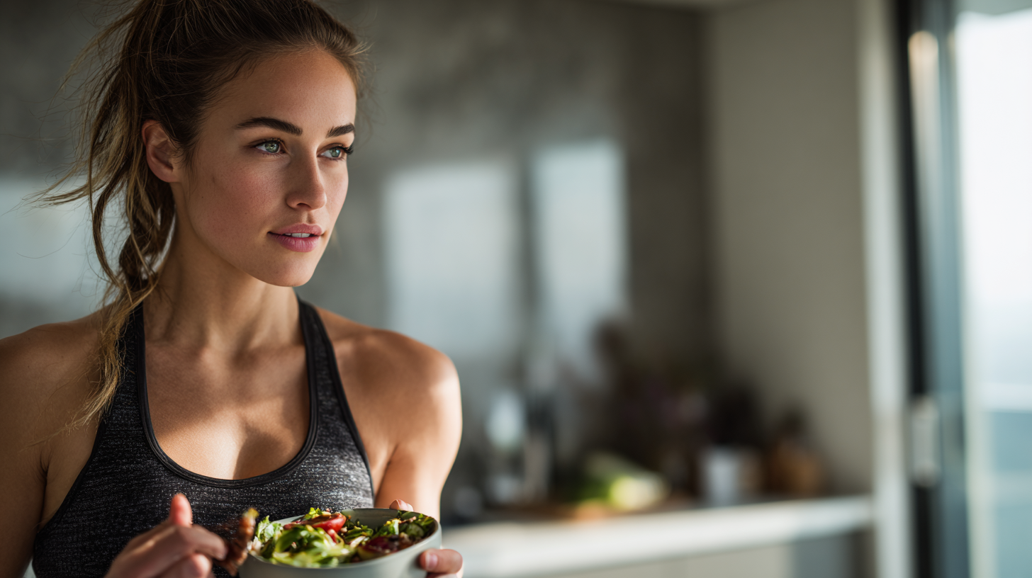 Joven deportista comiendo alimentos saludables para mejorar su energía mental y física