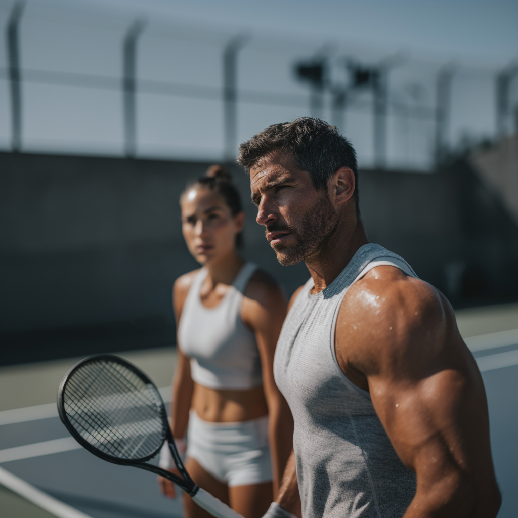 Pareja de tenistas concentrados en pista representando el mindset deportivo y el enfoque mental en el entrenamiento