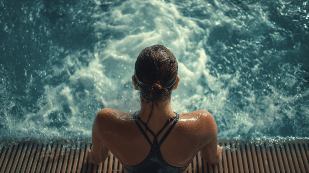 Nadadora preparándose para entrar en la piscina representando la recuperación física y mental en el deporte